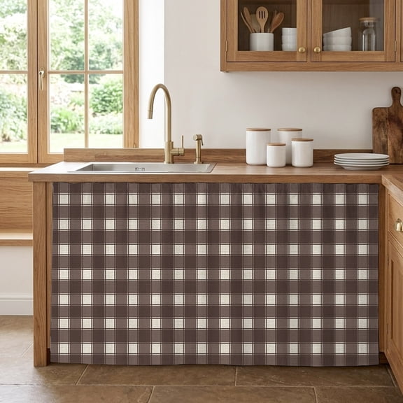 Vintage Brown Plaid Cabinet Curtains for Kitchen 28"W x 51"L, Country Pastoral Farmhouse Checkered Plaid Under Sink Skirt Magic Tape Short Curtain Decorative Privacy Panel for Pantry Cabinet Opening