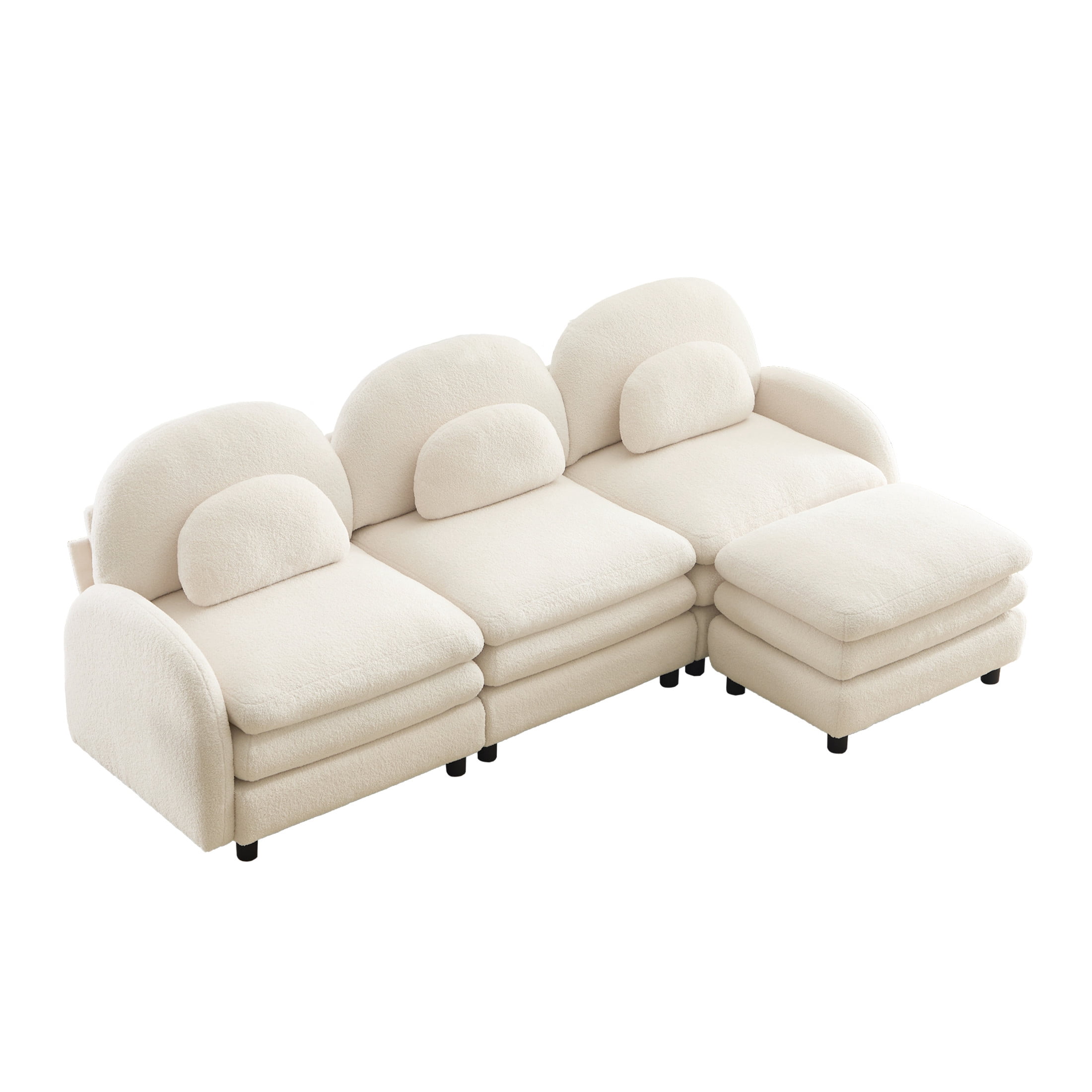 Noble House Windsor Teddy Fabric 3-Seater Sectional Sofa, Modular Cloud Couch with Ottoman and Lumbar Pillows, Beige