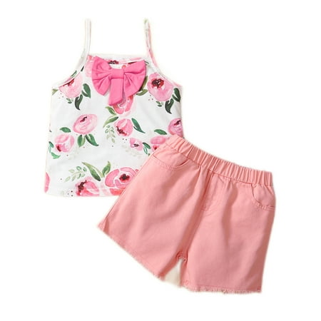 

3T Toddler Baby Girls Outfits Sleeveless Bow Strap Crop Floral Print Top + Solid Color Shorts 2Pcs Clothes Set 3-4T Pink