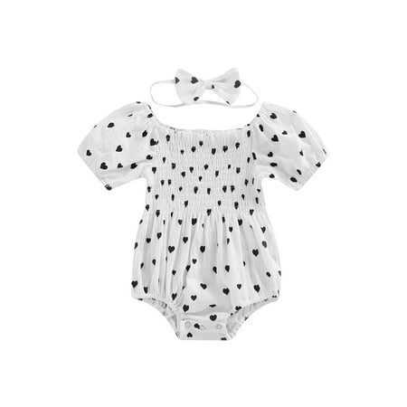 

Calsunbaby Summer Infant Baby Girls Romper Heart Printing Lace Collar Puff Short Sleeve Ruched Jumpsuit Bow Headwear