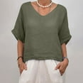 thumbnail image 4 of Mittory Women's Cotton Linen Tops Summer Short Sleeve V Neck Casual Blouse Loose Shirts, 4 of 8