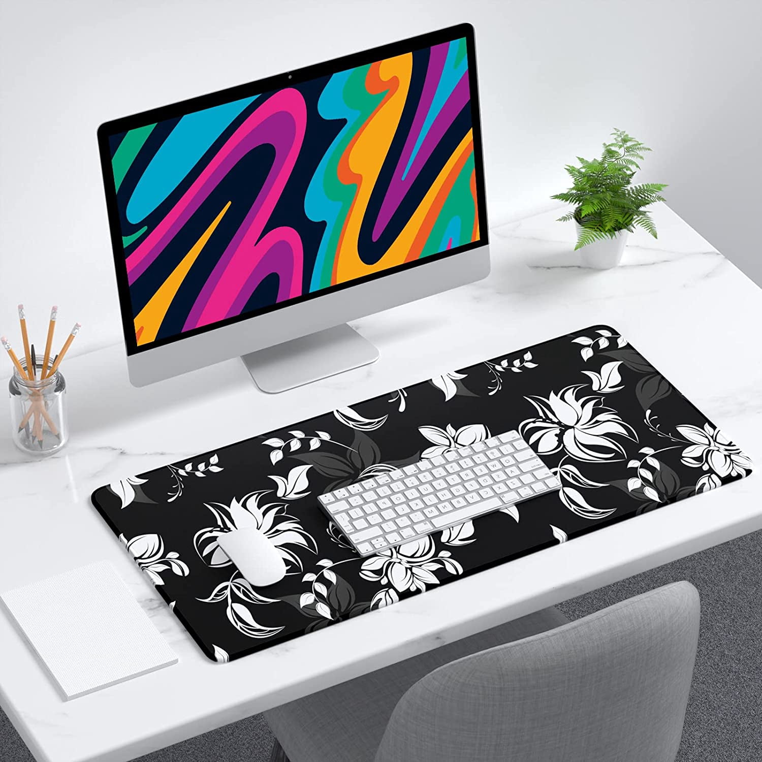 Desk Mat, 32" x 12" XXL Extended Large Gaming Mouse Pad, Desktop Decor Desk Pad, Cute Men Women Office Supplies and Accessories, XL Mouse Mat for Laptop & Keyboard, Black White Flowers