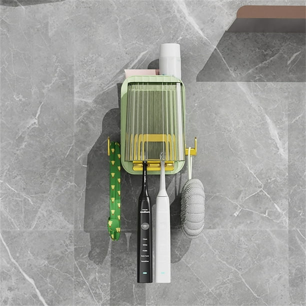 Toothbrush Holder Wall Mount | Non-Punching Toothpaste Storage Rack Organizer | Rinse Cup Included | ABS PET Material | Space-Saving | Quick Drainage | 12.5x12x12cm | Bathroom Accessories