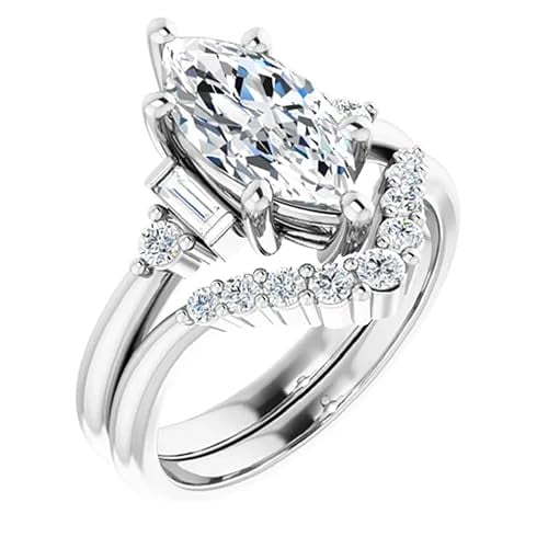 Divine Creation 2.20 Ct Marquise Cut White Diamond Engagement Wedding Thanksgiving Christmas Bridal Ring Set 14K White Gold Plated 925 Sterling Silver For Women's -4