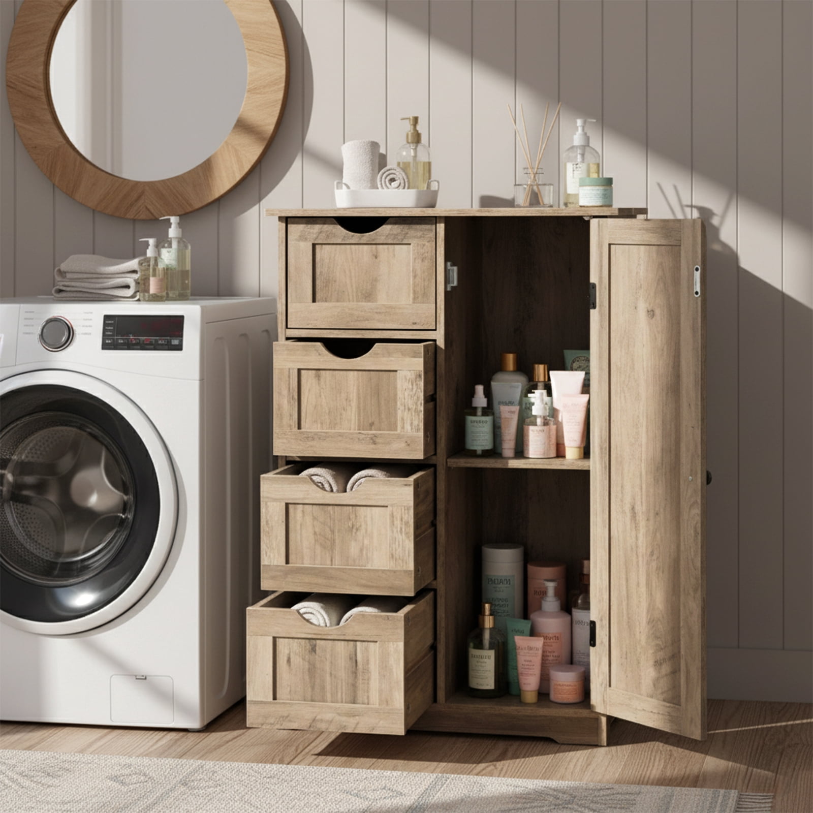 Ktaxon Wooden Bathroom Floor Cabinet, Side Storage Organizer with 4 Drawers, 1 Cupboard & 2-Shelves, Vintage Washed Gray