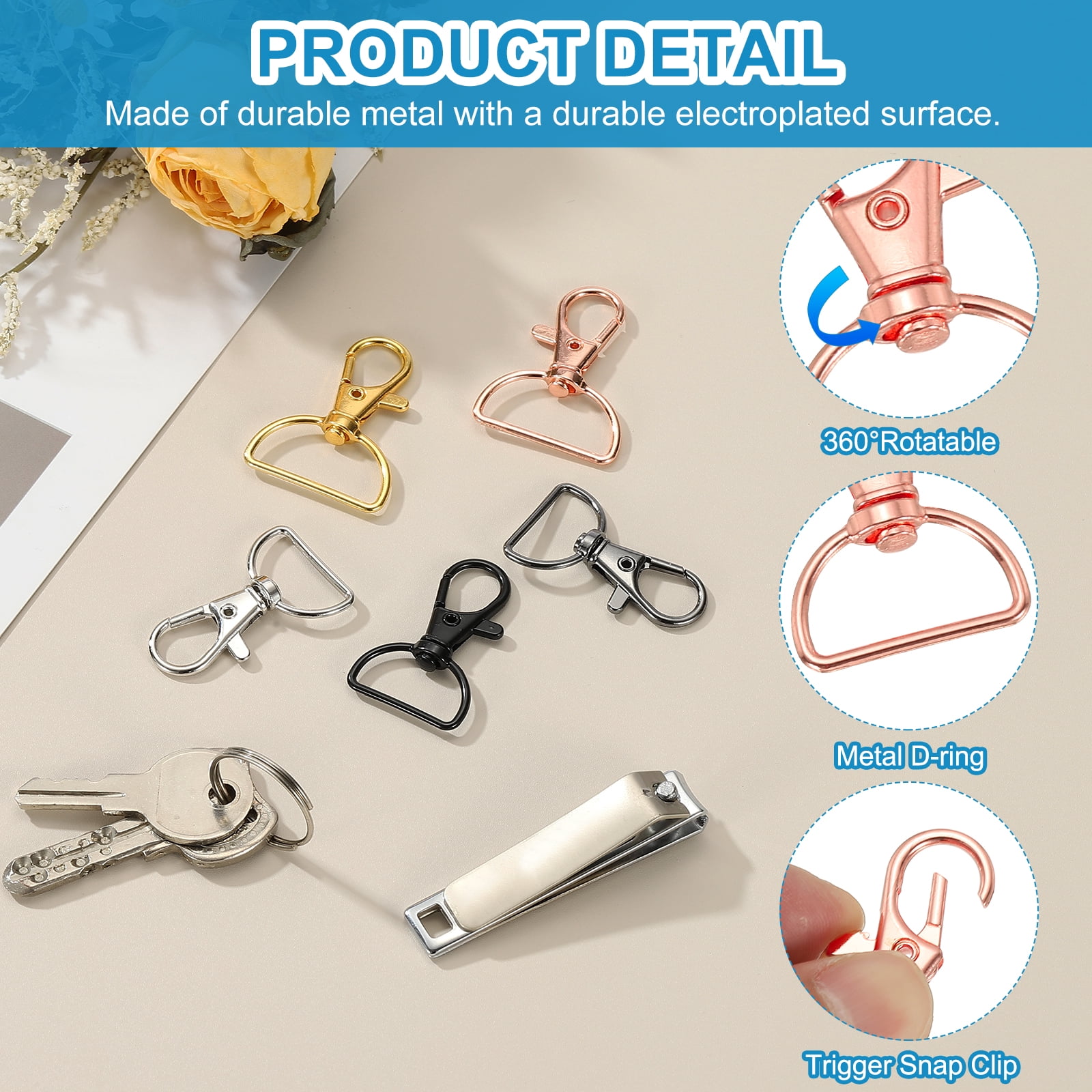 Uxcell 1 Inch 25 mm Swivel Lobster Clasp, 60 Pcs Metal Swivel Clasp Hooks Trigger Snap Clips Lanyard Claw Clasps with D Ring for Key Chain Making DIY Crafts Purse Hardware, Rose Gold
