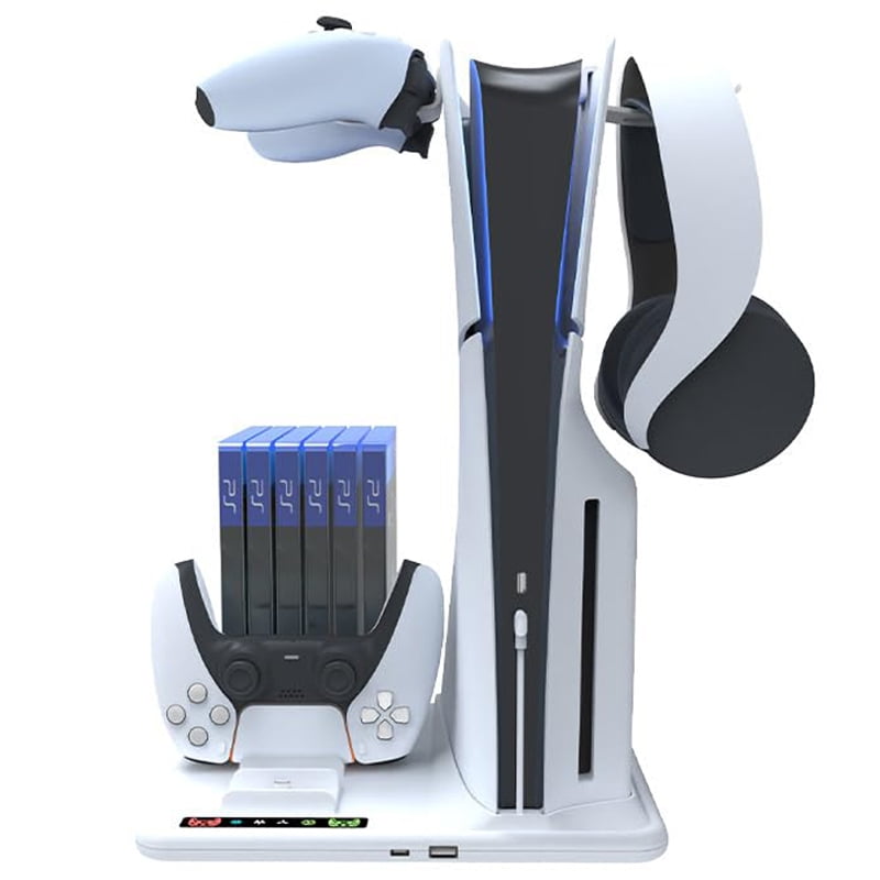 PS5 Slim Stand and Turbo Cooling Station with Controller Charging Station for Playsation 5, PS5 Accessories Kits, with 2 Controller Chargers, 3 Levels Fan, 6 Game Disc Slots, Headset Holder