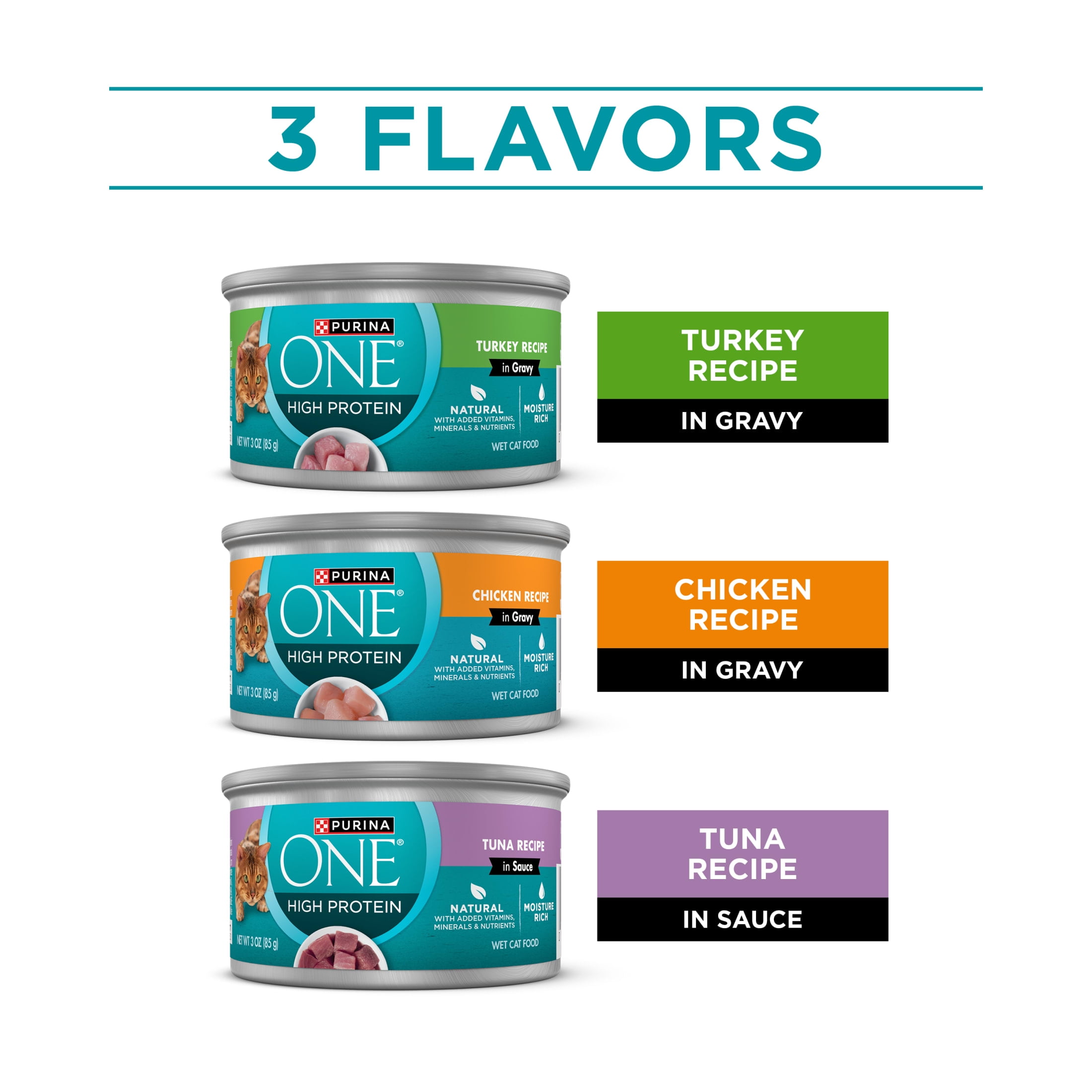 Purina ONE Natural, High Protein Wet Cat Food Variety Pack, Turkey, Chicken and Tuna Recipes, 3 oz, 12 Pack