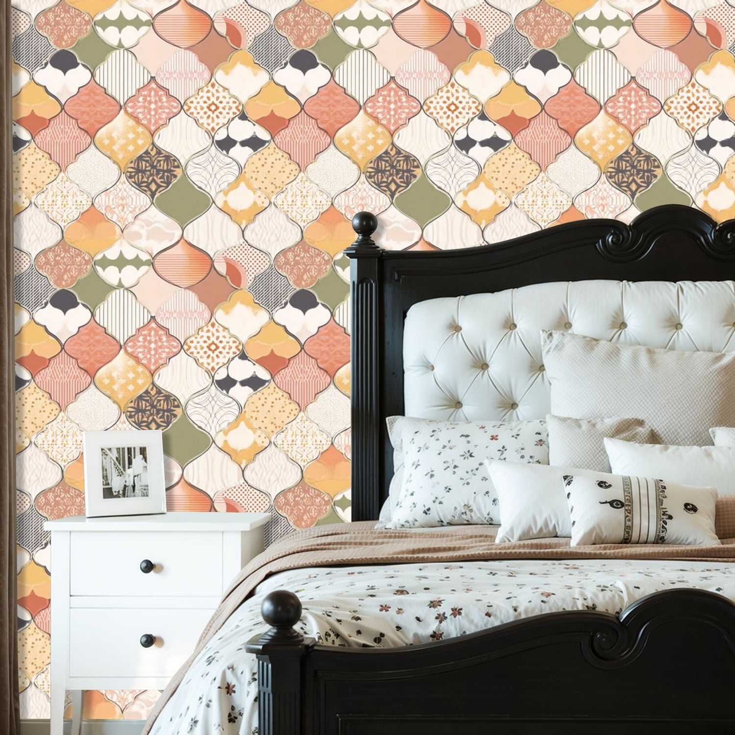 Peel and Stick Wallpaper 23.6in x 9.8ft Bohemian Moroccan Tile Muted Earth Tones Intricate Designs Contact Paper Vinyl Self-Adhesive Removable Wall Paper for Bedroom Bathroom Renter Friendly