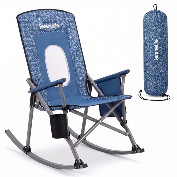 SereneLife High Back Folding Rocking Chair, Portable Camping Rocker with Cup Holder, Side Pocket & Carry Bag, Steel Frame, 250 lb Capacity for Camping, Tailgating & Picnics