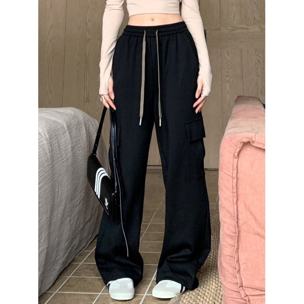 Pantalones para mujer, lisos, versátiles, estilo urbano, retro, moda de ocio, entrenamiento, adolescentes, otoño, bolsillos, estilo americano sencillo.