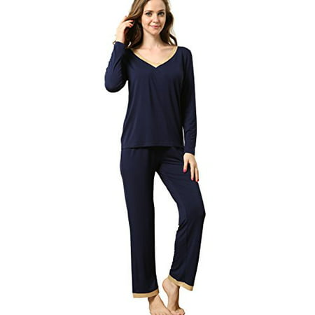 GYS Women's Bamboo Long Sleeve V Neck Pajama Pants Set (Navy Blue,L ...