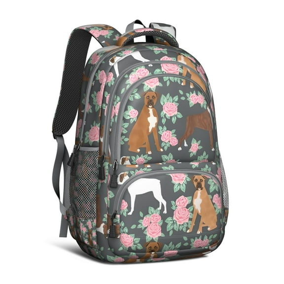 Cute Boxer Dog and Flowers Florals Backpack for School,Cute School Bag,Schoolbag with Adjustable Shoulder Straps & Padded Back,16.9 Inch