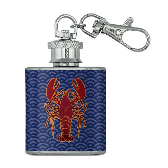 Atlantic Lobster on Blue Waves Stainless Steel 1oz Mini Flask Key Chain