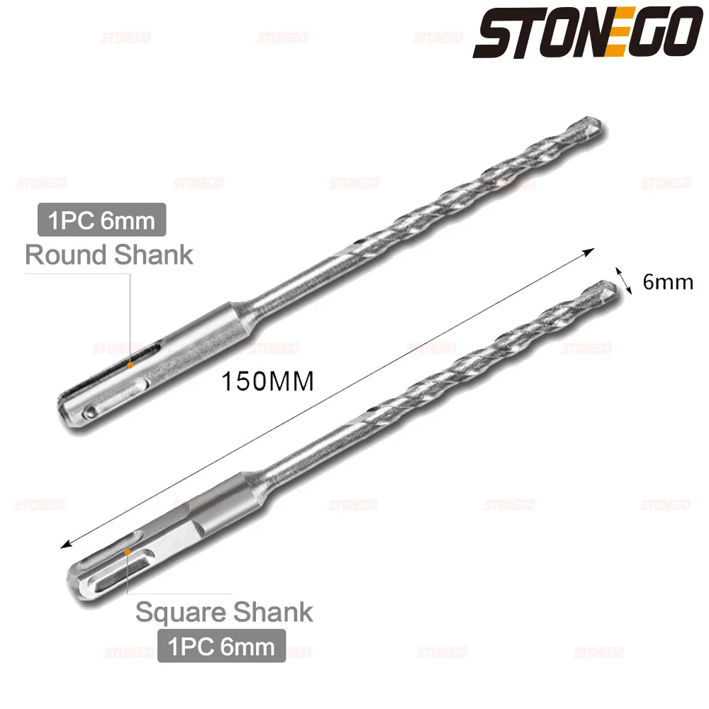 STONEGO 1PC/6Pcs Carbide Brick Drill Bit - Heavy-Duty Rotary Hammer Impact Drill Bit for Concrete, Tile, and Masonry Drilling, Available in Round and Square Shank Designs