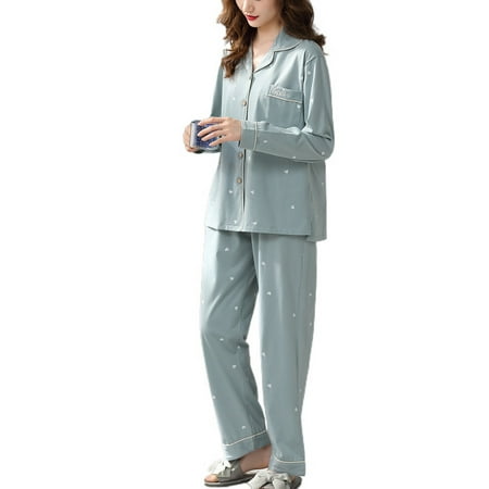 

Homgro Women s Cute Pajamas Cotton Pajama Set Long Sleeve Winter V Neck Fall Pjs Blue Small