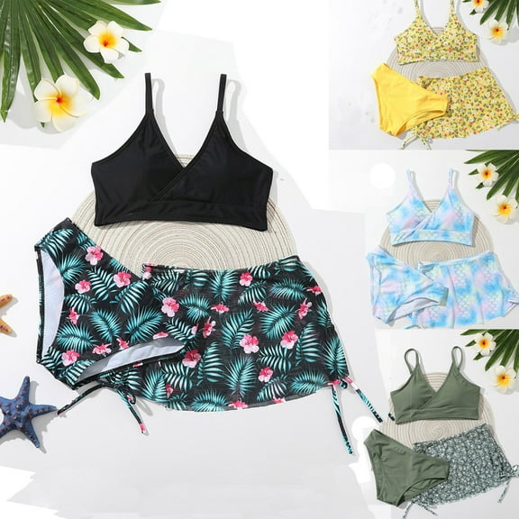 Gyratedream Big Girls Hawaii Print 3-Piece Swimsuits Bikini Bathing Suit with Cover Up Beach Skirt