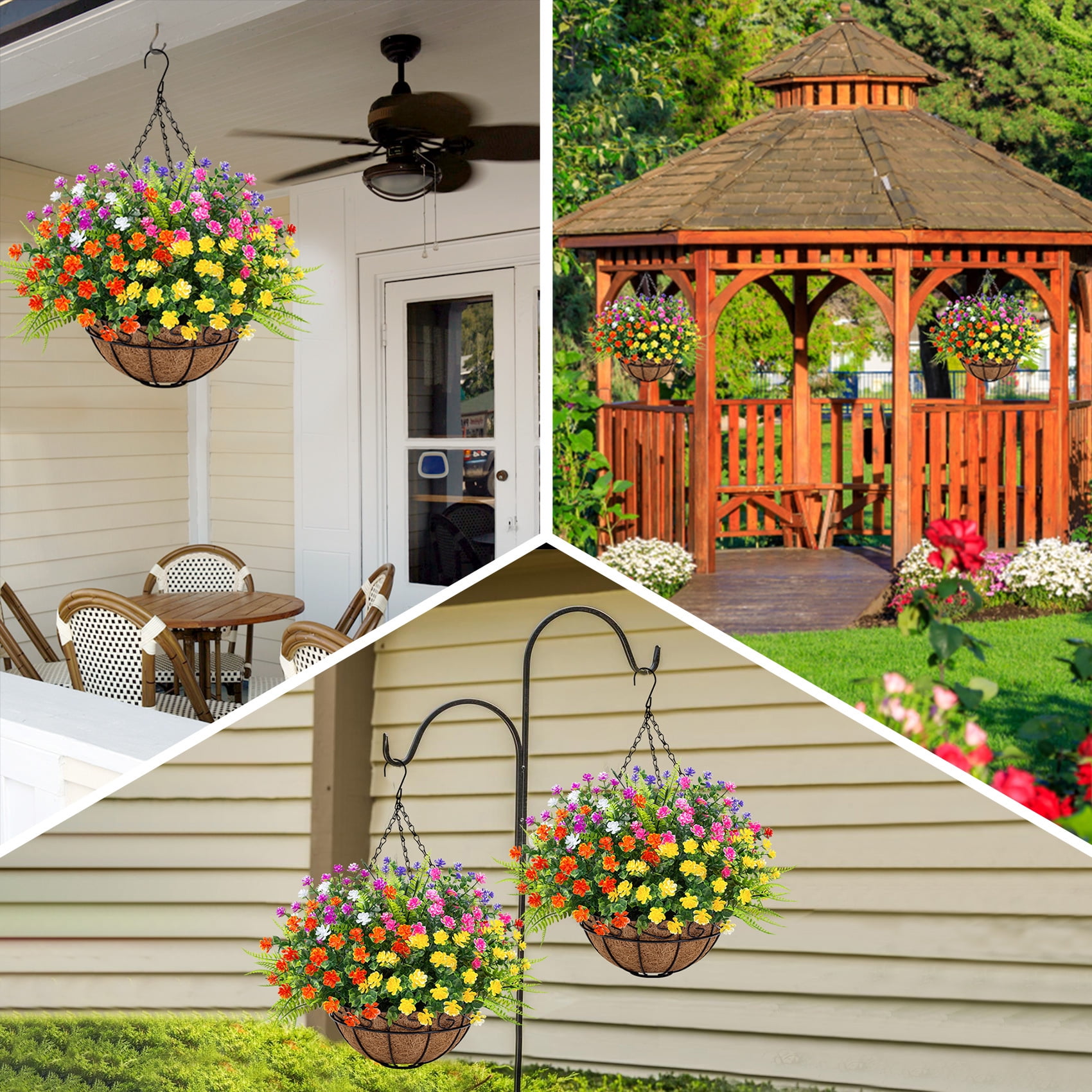 Scidweet Artificial Hanging Flowers with Basket, 12 Pcs Outdoors Fake Plants with Coconut Lining Basket Spring Summer Decoration for Home Garden Decor, Mixcolor