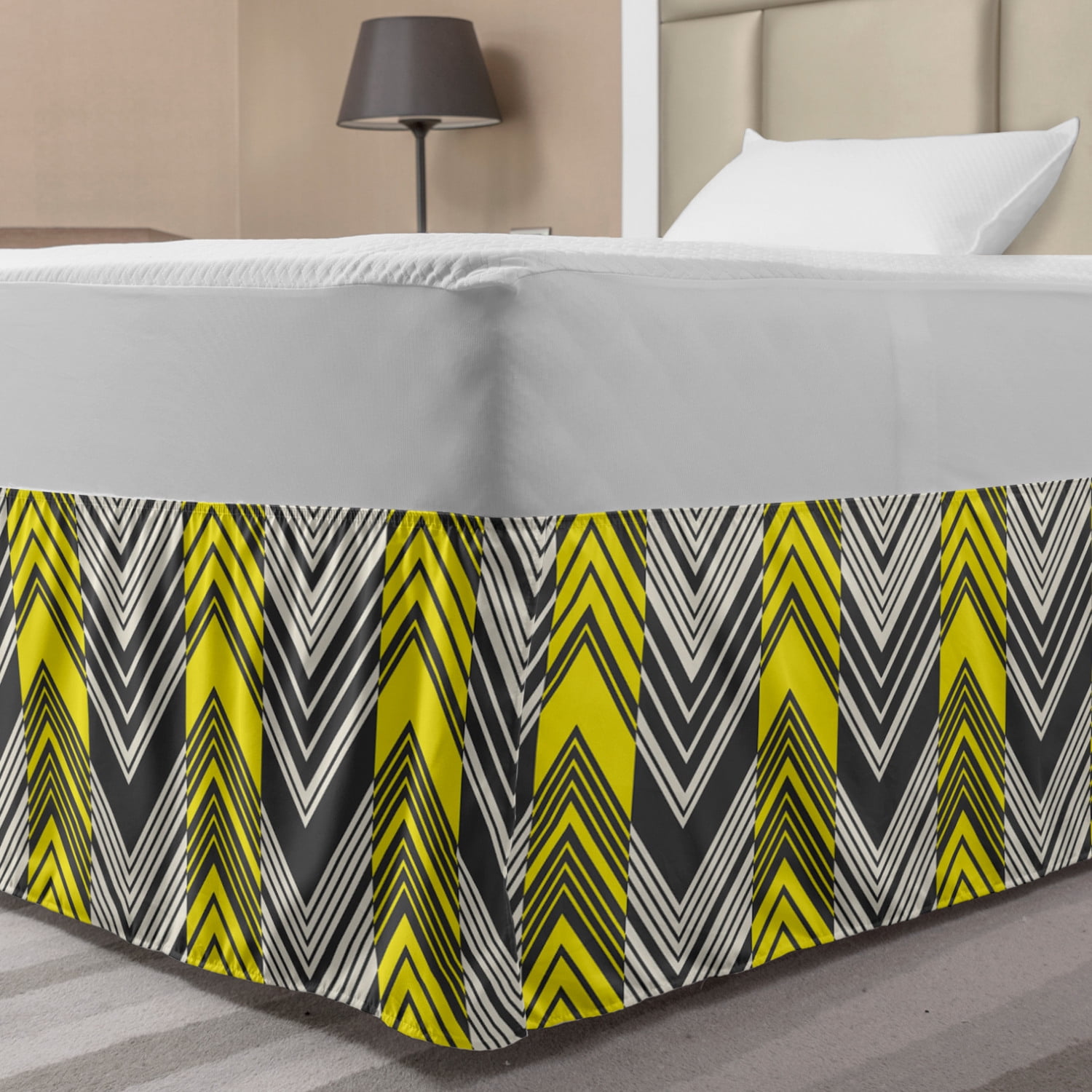 Yellow and White Bed Skirt, Herringbone Pattern with Angled Lines