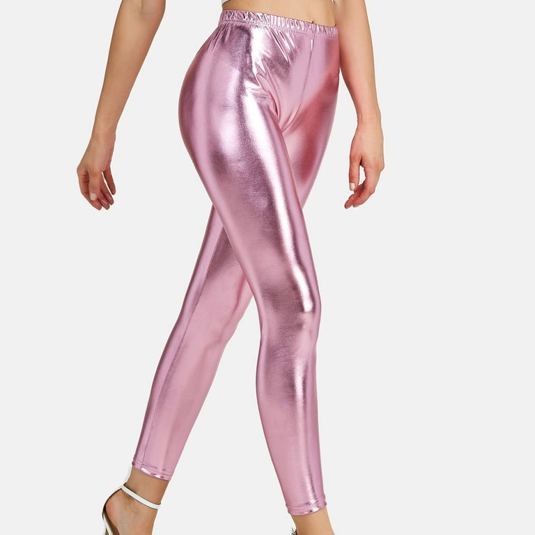 JWZUY Shiny Metallic High Waist Stretch Leggings Sparkly Clubwear Rave  Trousers Pink S 