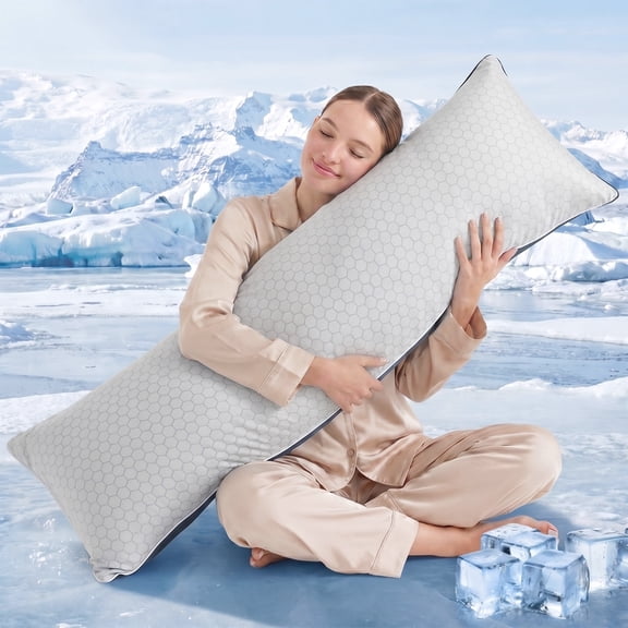 Nalqet 20x54 inch Cooling Soft Body Pillow with Shredded Memory Foam and Hexagonal Pattern, Enough Support for Side Sleepper, Light Grey