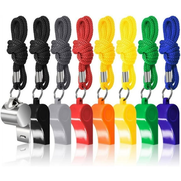 8 Packs Coaches Referee Whistles with Lanyards, FineGood 7 Colorful Plastic and 1 Stainless Steel Metal Whistles for Football Sports Lifeguards Survival Emergency Training - Multi-Color