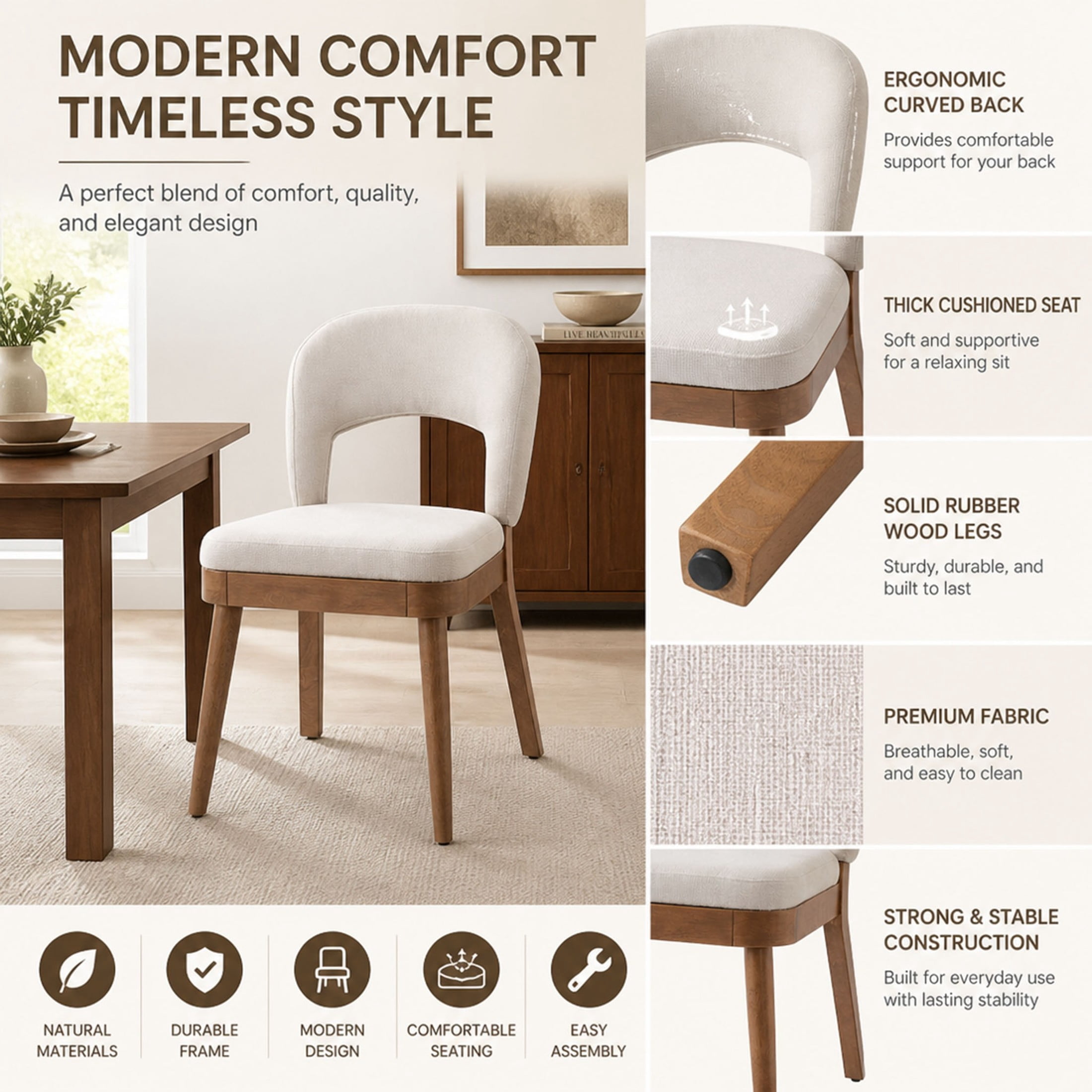 Christopher Knight Home Modern Armless Dining Chairs with Hollow Back, Wood Frame, Beige+Walnut, Set of 2