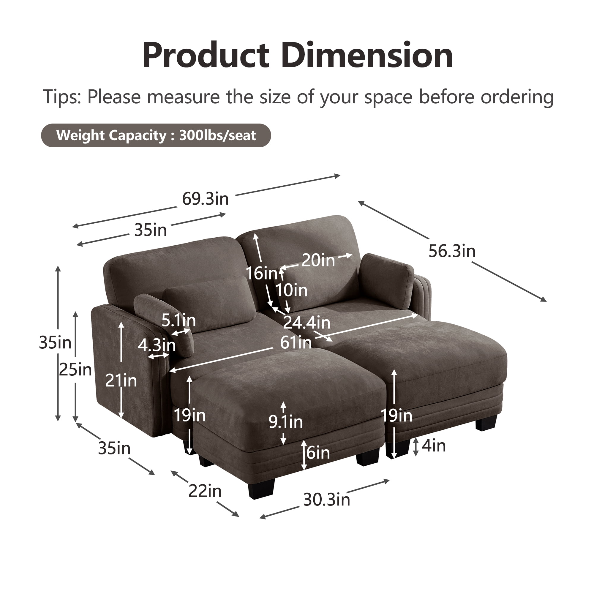 70" Modern Modular 2 Seater Loveseat Sofa Couch with 2 Ottoman and 4 Pillows