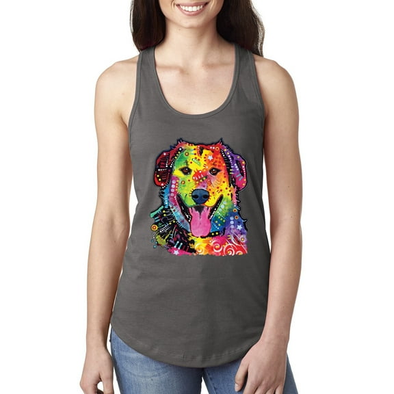 Smiling Dog | Colorful Neon Golden Retreiver | Dean Russo Art Animal Lover Ladies Racerback Tank Top, Dark Grey, Medium