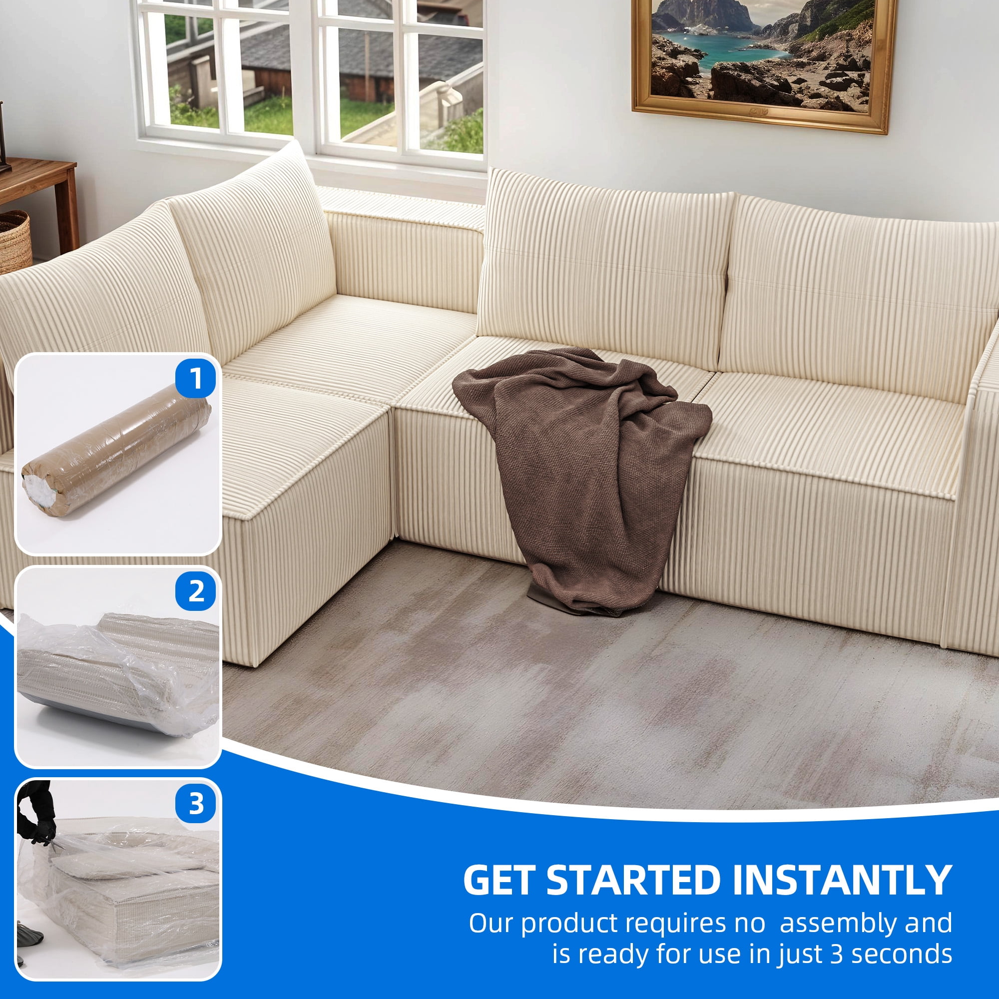 Uforic Cloud Sectional Sofa Couch with L-Shape Chaise, Deep Seat, 4 Pillows, Corduroy Upholstery for Indoor, White