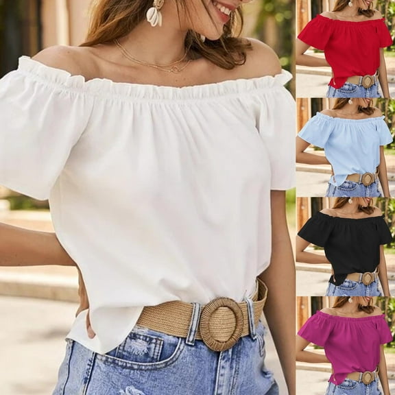 Aboser Off the Shoulder Tops for Women Y2k Short Sleeve T Shirt Trendy Ruffled Hem Blouses Going Out Top Loose Fit Casual Shirts
