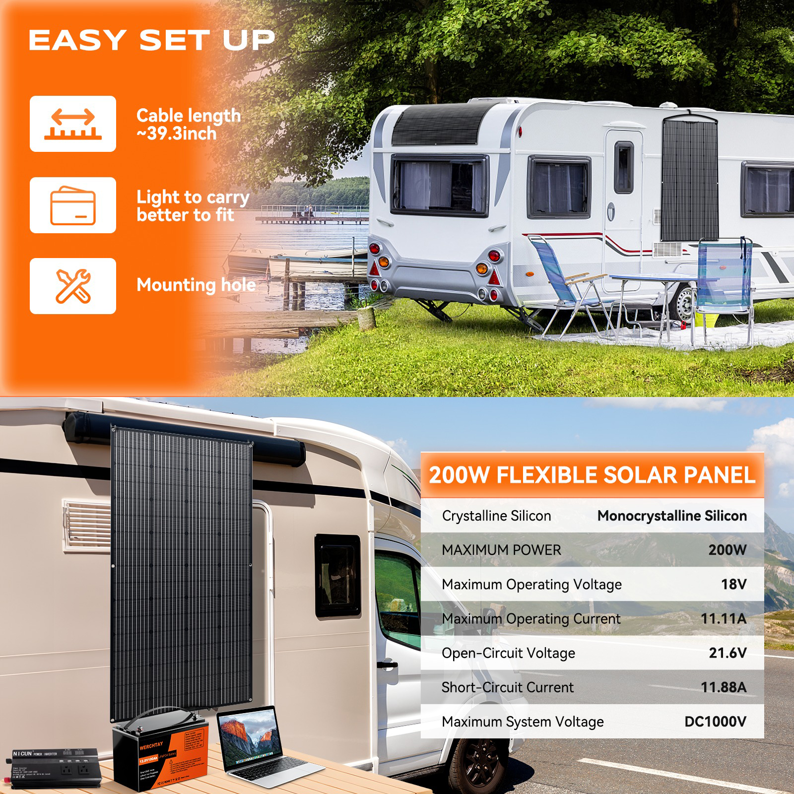 WERCHTAY 12V 200W Portable Flexible Solar Panel Mono Power RV Camping Home Boat Off-Grid