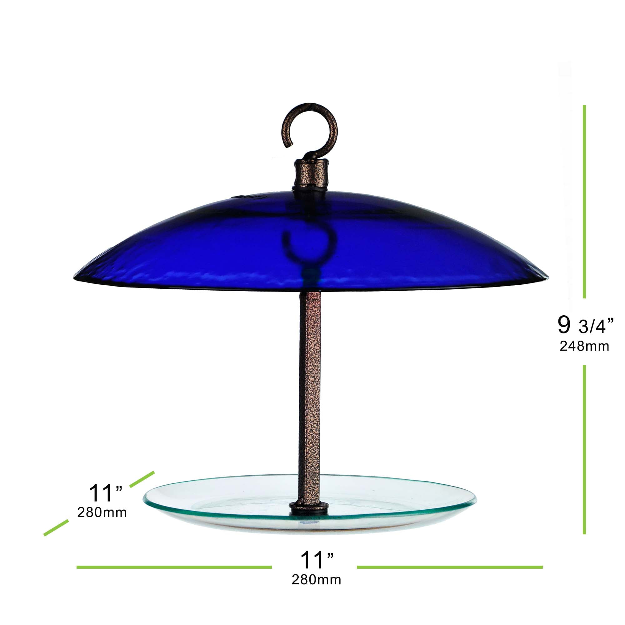 Mosaic Birds 360 Degree Petite Seed Cylinder Bird Feeder, Hanging Glass Dome Feeder for Outdoors, Cobalt Blue, 11 Inch
