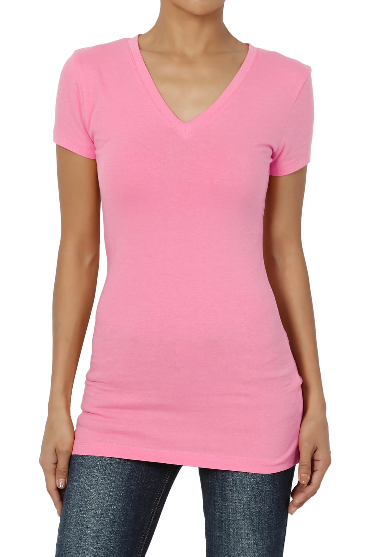 TheMogan Women's Plain Basic V-Neck Slim Fitted Short Sleeve T-Shirts ...