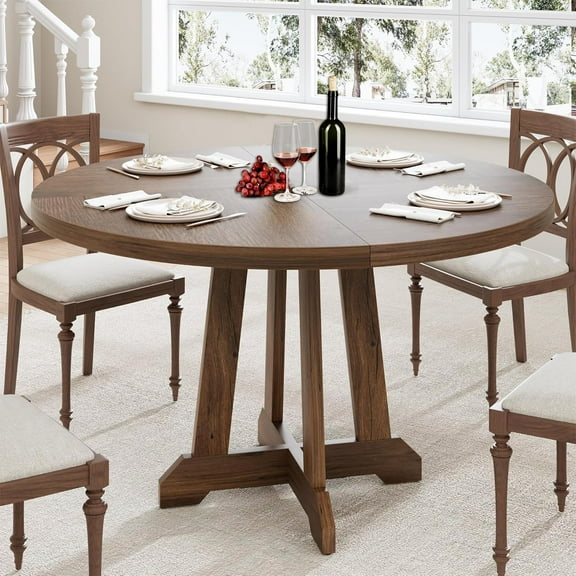 47 Inch Round Farmhouse Dining Table for 4 to 6 People,Large Wood Rustic Table with Sturty Legs,Dining Table For Home Dining Room Or Living Room No Chairs