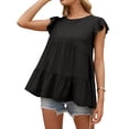 thumbnail image 2 of Camiseta de mujer Verano Encaje Cuello redondo Manga corta Casual Top suelto, Negro, S Jumpingount AP001322-05, 2 of 7