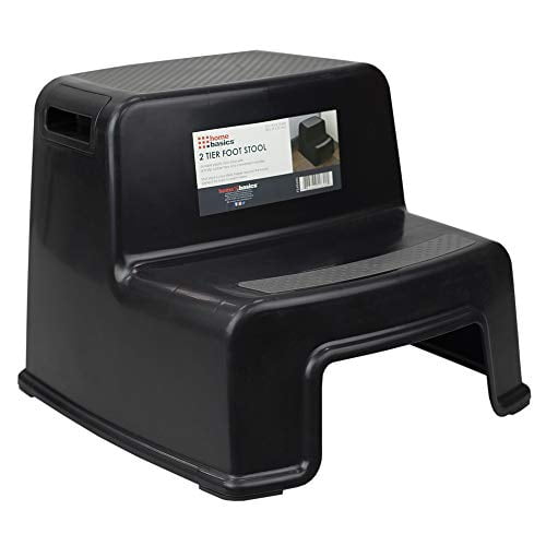 Home Basics 2 Step Plastic Stool with Slip-Resistant Rubber Top and Easy Grip Handles, Take It Along in Bedroom, Kitchen, Bathroom and Living Room, for Potty Training, Black