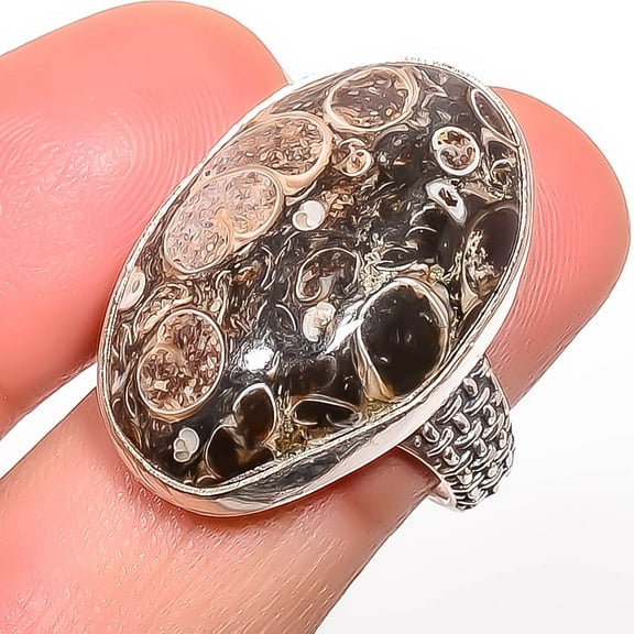 Turritella Fossil Agate Gemstone 925 Sterling Silver Bali Ring s.8 T53, Agate Ring, Christmas Gift, New Year Sale, Gemstone Silver Jewelry