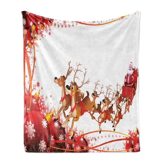 Santa Soft Flannel Fleece Throw Blanket, Abstract Frame with Xmas Balls and Snowflakes Flying Reindeer Carriage, Cozy Plush for Indoor and Outdoor Use, 50" x 70", Pale Brown Red White, by Ambesonne