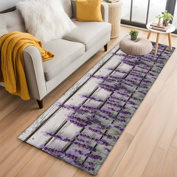Spring Lavender Floral Kitchen Runner Rug 2x6 Washable Runners for Hallway Non Slip Botanical Flower Vintage Wood Grain Large Area Rug Indoor Floor Carpet for Bathroom Laundry Entryway Bedroom
