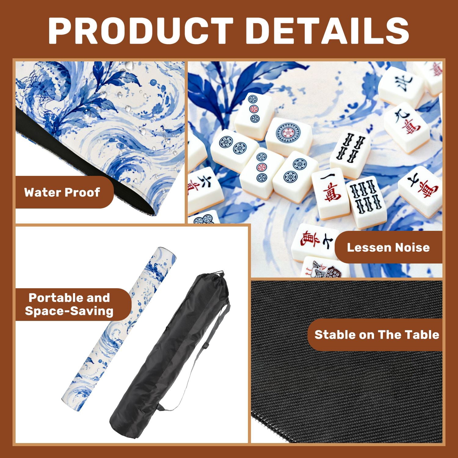 Mahjong Mat 31.5" x 31.5" Blue Watercolor Fish Flowing Fins Swirling Waves Non-Slip Noise Reduction American Mahjong Tiles Table Cover for Dominoes Poker Card Board Games Gift