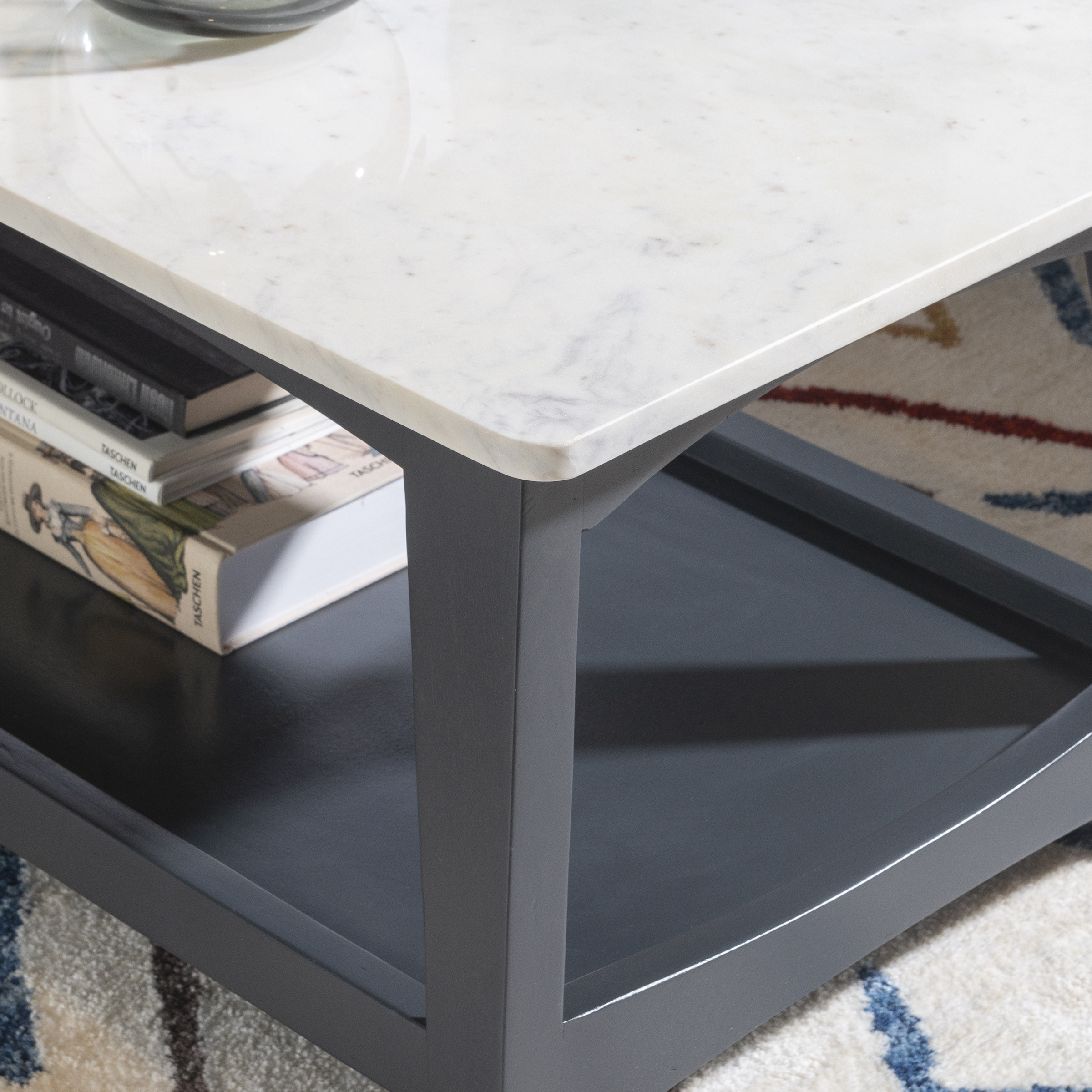 Powell Andover Indoor Modern Coffee Table with Shelf, Gray Wash/White Faux Marble