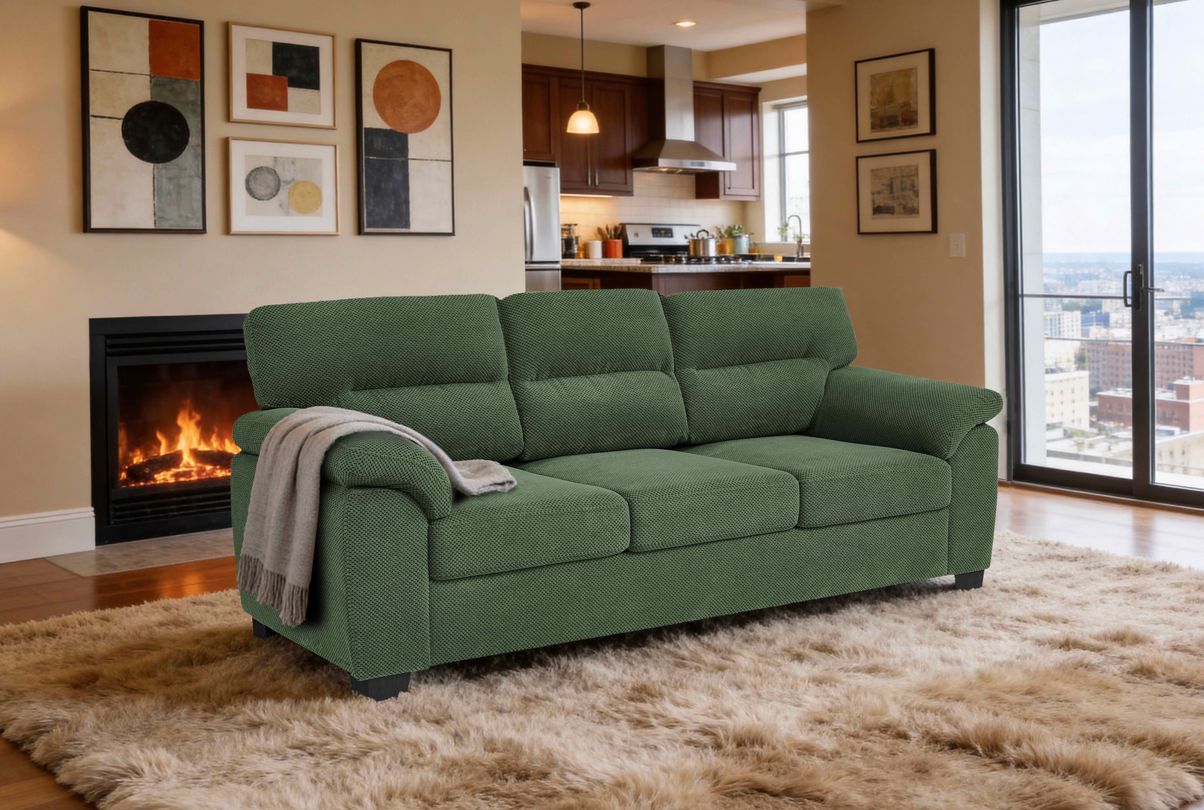 MAYEERTY 81 Inch 3‑Seater Sofa, Modern Textured Fabric Couch with Plush Track Arms & Solid Wood Frame for Living Room