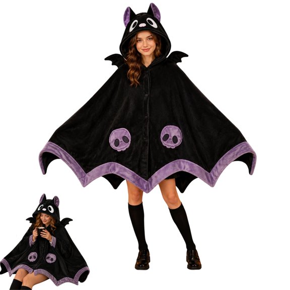 2026 Halloween Bat Blanket Hooded Cape Cute Bat Blanket Hoodie Oversized with Skull Patches One Size Fluffy Wearable Throw for Women Lounge