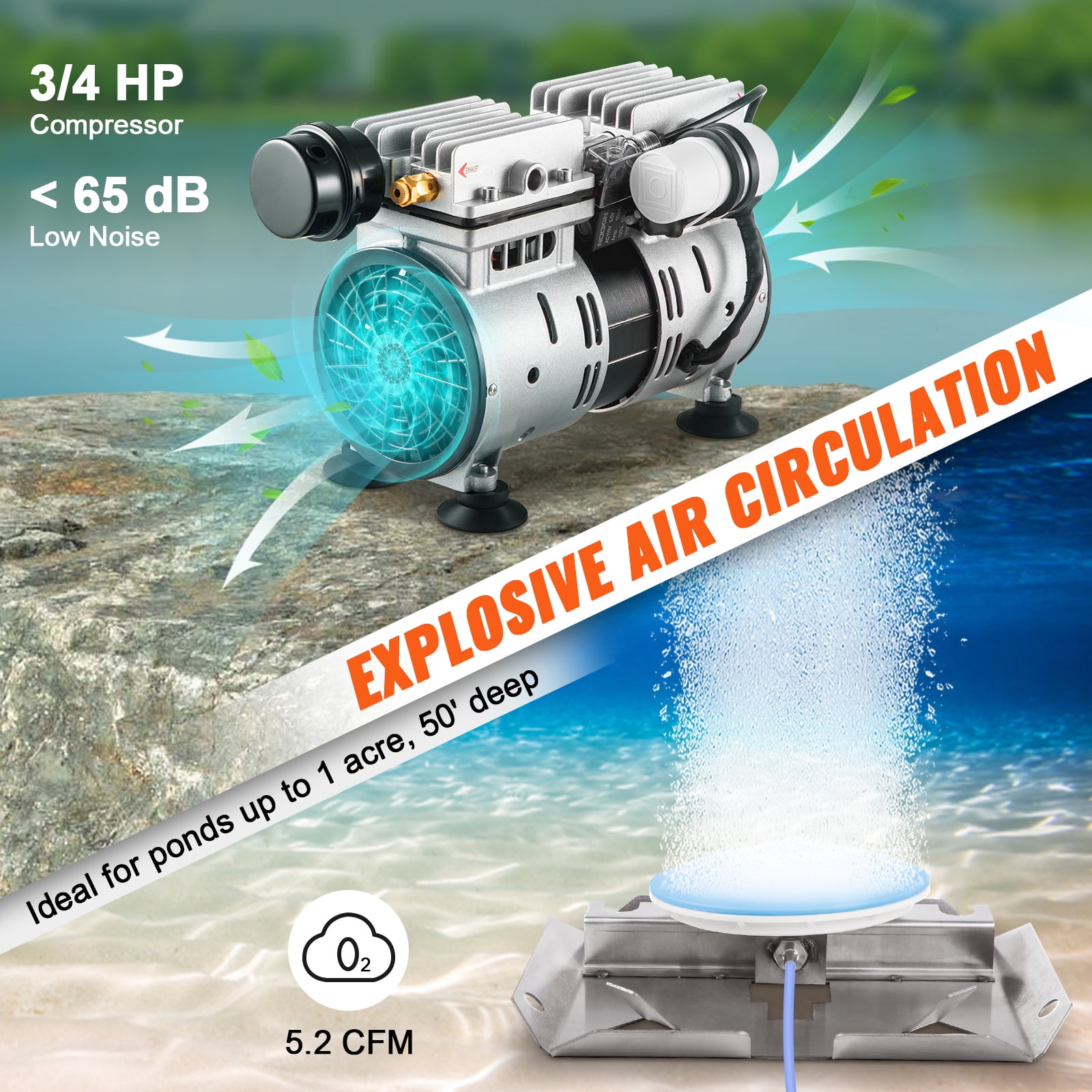 VEVOR Pond Aerator Lake Pond Aeration Kit w/ 3/4 HP Pump 100' Tube 10" Diffuser, 550W Power, 5.2CFM for Up to 3 Acre 50' Lake, Air Compressor for Deep Water Oxygen Circulation