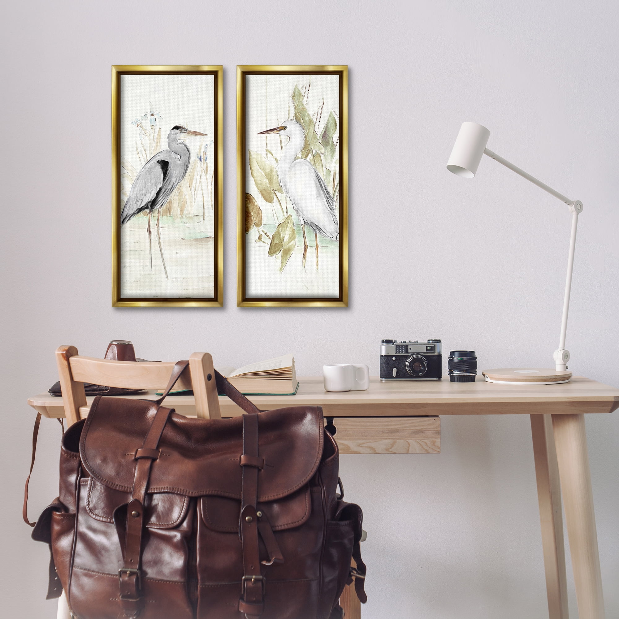 Stupell Industries Heron Egret Marsh Landscape Animals Painting Gold Floater Framed Canvas Art Print Wall Art, 11 x 25, Set of 2