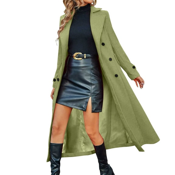 Sexlip Women's Double Breasted Long Trench Coat Windproof Classic Lapel Slim Overcoat with Belt Green XL