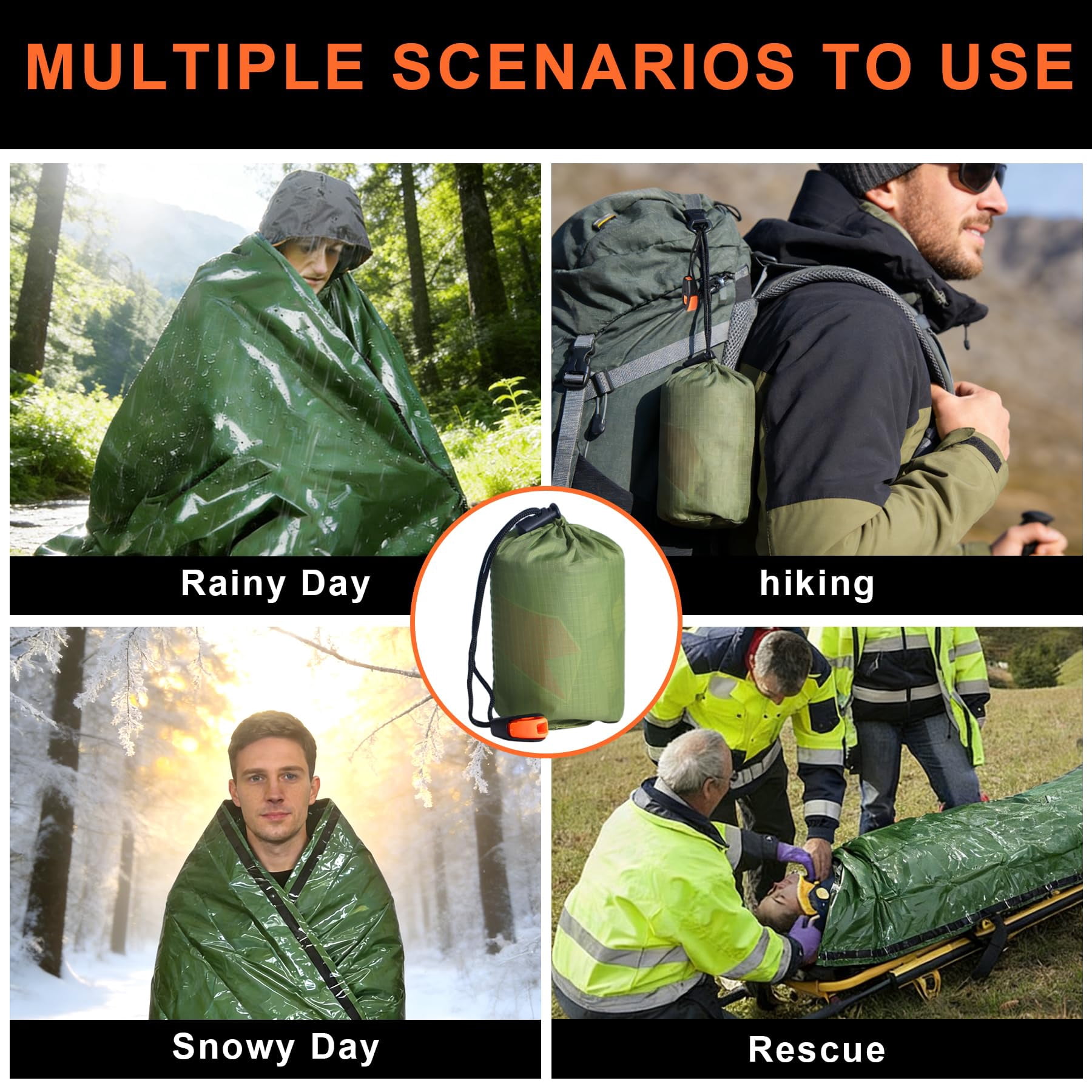 Bivy Sack Survival Sleeping Bag, Waterproof Survival Sleeping Bag with Emergency Whistle, Portable Thermal Emergency Bivy Bags for Camping Hiking Outdoor Survival （Green, 2PC)