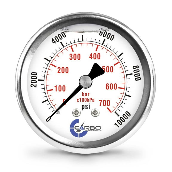 CARBO Instruments 2 1-2" Pressure Gauge, Stainless Steel Case, Chrome Plated Brass Connection, Lqiuid Filled, 0-10000 psi/kPa, Back Mount 1/4" NPT