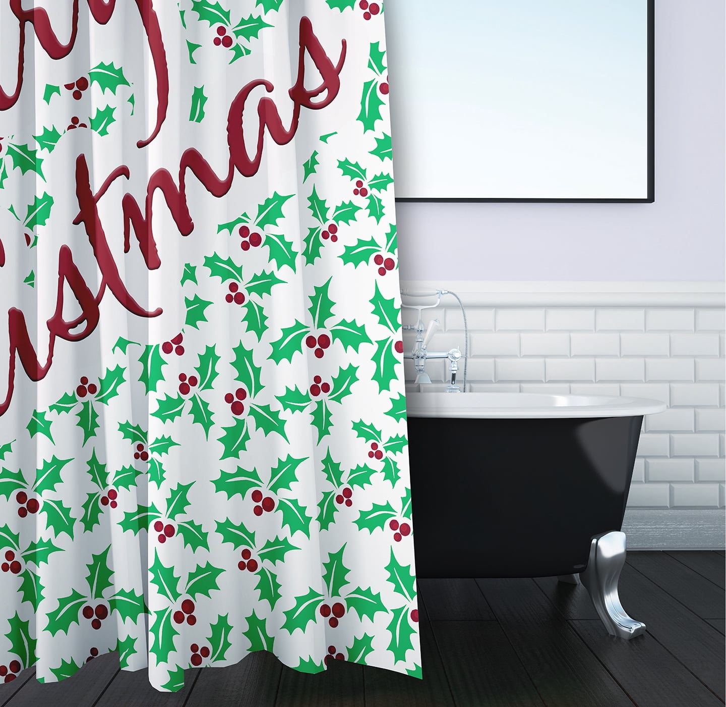 Simply Daisy 70" W x 73" L Merry Christmas with Holly Polyester Shower Curtain, Bright Green [1 Ct]